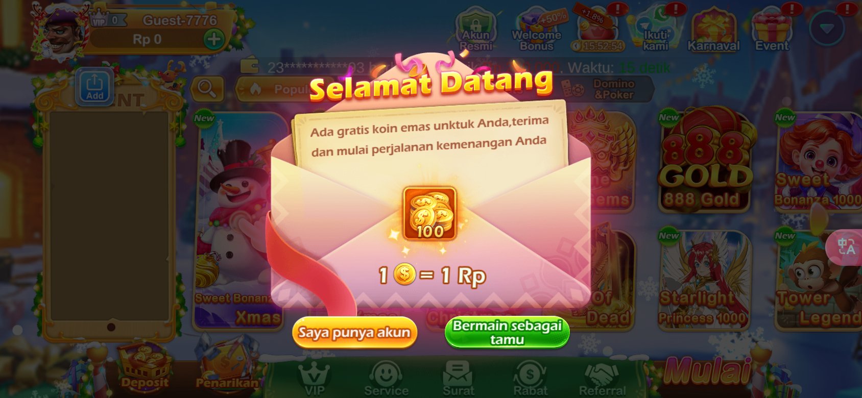 Tangkapan layar halaman selamat datang aplikasi Slots idr dengan penawaran 100 koin emas gratis untuk pengguna baru.