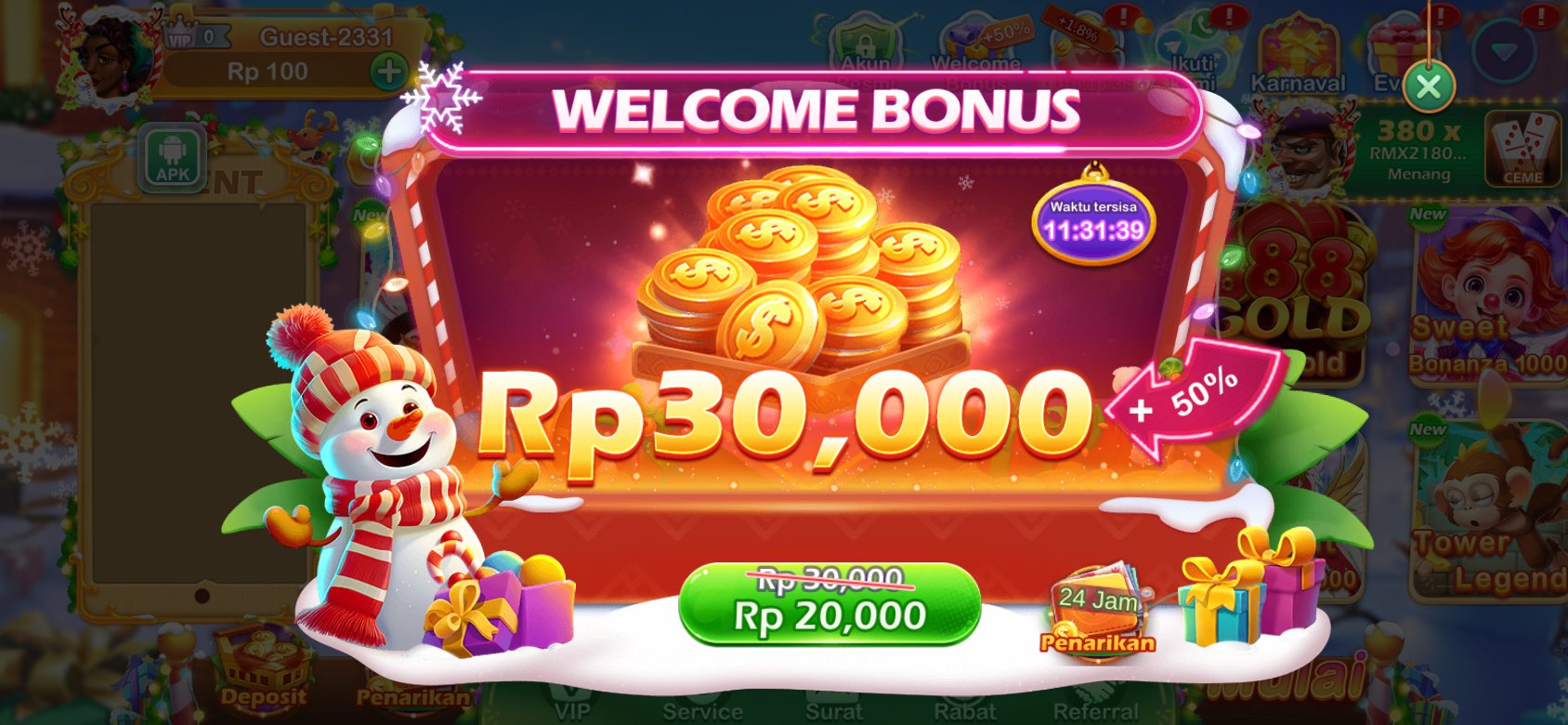 Tangkapan layar aplikasi Slots idr yang menampilkan halaman promosi bonus yang menawarkan WELCOME BONUS: Dapatkan bonus Rp30,000 dengan tambahan +50%.