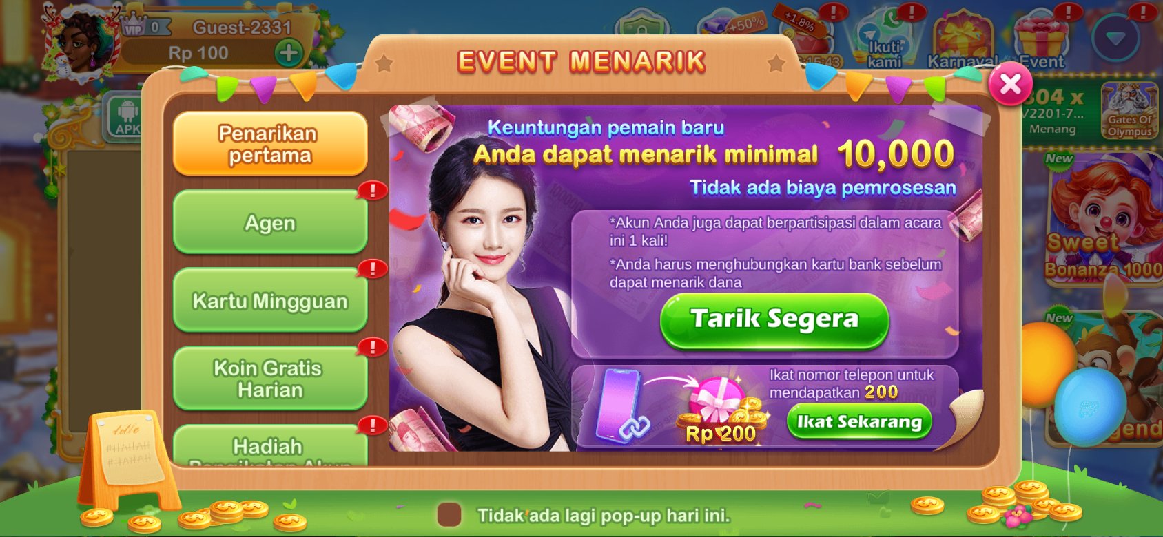 Tangkapan layar aplikasi Slots idr yang menampilkan halaman penarikan dana dengan informasi tentang keuntungan untuk pemain baru yang dapat menarik minimal 10,000 tanpa biaya pemrosesan.